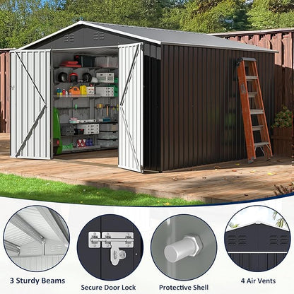 10x10 FT Storage Shed, Garden Shed with Updated Frame Structure and Lockable Doors, Metal Tool Sheds for Backyard Garden Patio Lawn, Grey