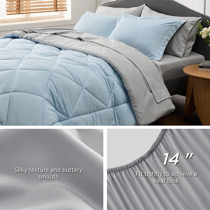 Bedsure Sky Blue Queen Comforter Set - 7 Pieces Reversible Queen Bed in a Bag Queen Bed Set with Comforters, Sheets, Pillowcases & Shams, Queen Bedding Sets