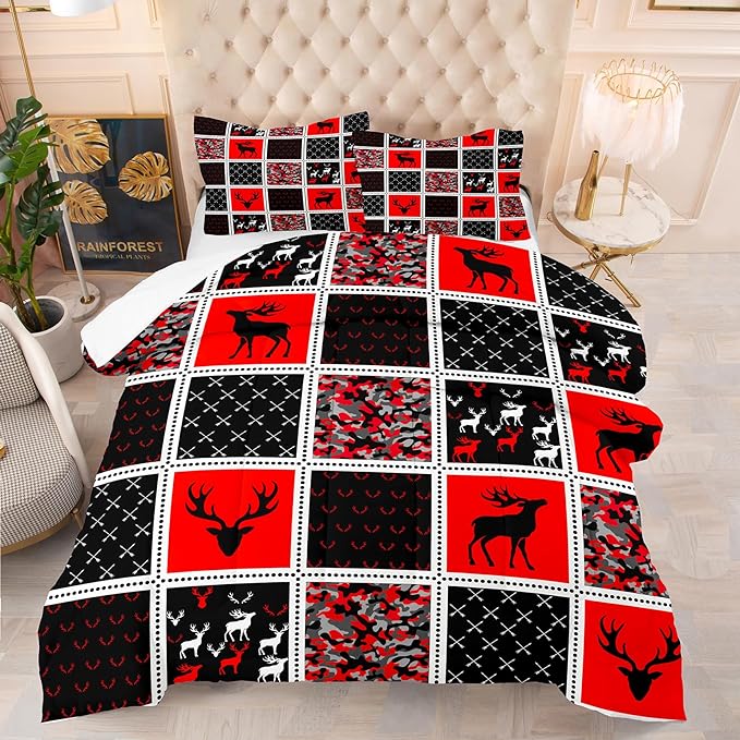 Tailor Shop Deer Comforter Sets for Kids Boys Teens Camo Comforter Sets Queen Black and Black Red Bedding Set Room Decor, with 2 Pillowcase