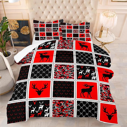 Tailor Shop Deer Comforter Sets for Kids Boys Teens Camo Comforter Sets Queen Black and Black Red Bedding Set Room Decor, with 2 Pillowcase