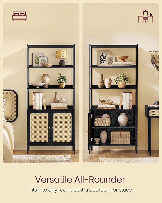VASAGLE 6-Tier Bookcase, Bookshelf with Rattan-Like Door, Boho Style, Freestanding 30.1-Inch Wide Storage Shelf, Metal Frame, Adjustable Shelf, for Living Room, Ebony Black and Matte Black ULLS124B56