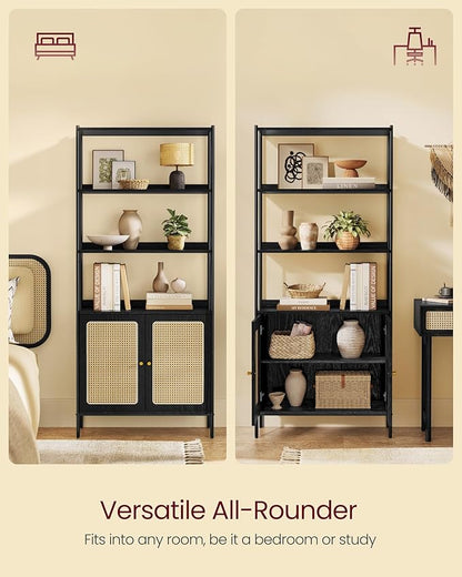 VASAGLE 6-Tier Bookcase, Bookshelf with Rattan-Like Door, Boho Style, Freestanding 30.1-Inch Wide Storage Shelf, Metal Frame, Adjustable Shelf, for Living Room, Ebony Black and Matte Black ULLS124B56