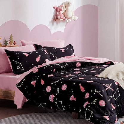 SLEEP ZONE Kids Bedding Comforter Set Full/Queen Size - Super Soft & Cute Printed 3-Piece Comforter Set All Seasons for Boys, Girls, Fade Resistant, Machine Washable, Pink Galaxy
