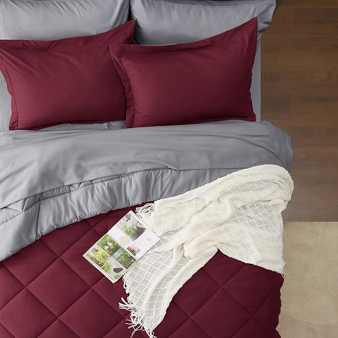 Bedsure Burgundy King Size Comforter Set - 7 Pieces Reversible King Bed in a Bag King Bed Set with Comforters, Sheets, Pillowcases & Shams, King Bedding Sets