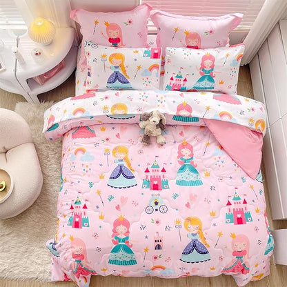 Wajade Kids Pink Princess Comforter Set Bed in A Bag Queen Size 7 Piece Princess Fairy Tales Castle Bedding Set for Girl (1 Comforter, 1 Flat Sheet, 1 Fitted Sheet, 2 Pillowcase and 2 Pillow Sham)