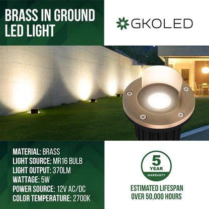 4 Pack, LED Brass Well Lights, 12V IP67 Waterproof Outdoor In Ground Light with MR16 Bulb and Swival Base, Low Voltage Landscape Lighting, 5W 2700K, Up Light for Garden Tree Bushe, Shielded Top