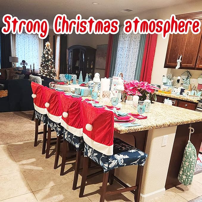 Christmas Chair Covers Set of 6,Red and White Santa Claus Hat Chair Back Covers for Xmas Holiday Festival Indoor Kitchen Bar Counter Stools Decorations Dining Room Table Decor