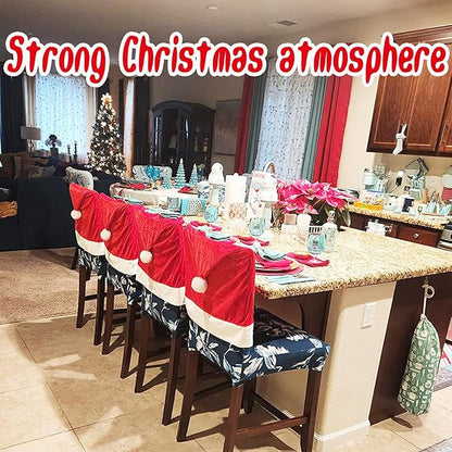 Christmas Chair Covers Set of 6,Red and White Santa Claus Hat Chair Back Covers for Xmas Holiday Festival Indoor Kitchen Bar Counter Stools Decorations Dining Room Table Decor