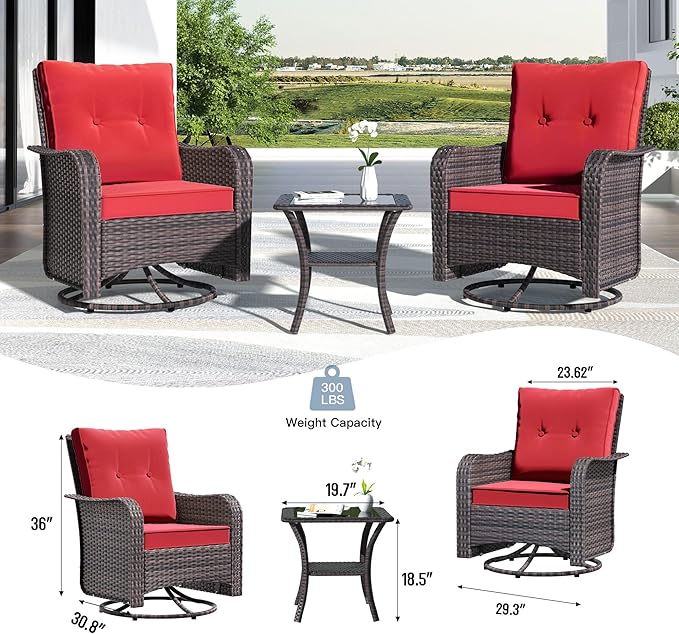Kullavik 13PCS Outdoor Patio Furniture Set,PE Wicker Rattan Sectional Sofa Patio Conversation Sets with 43" 55000BTU Gas Propane Fire Pit Table,Swivel Rocking Chairs Set,Dark Red