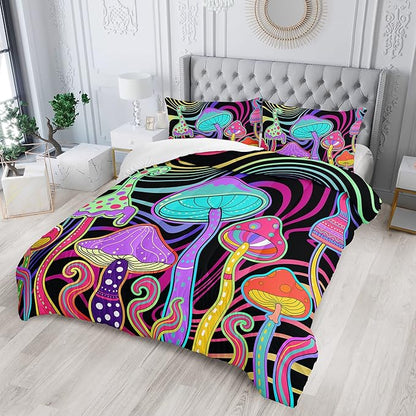 Colorful Mushroom Comforter Set Queen Size Kids 3D Mushroom Bedding Set Cute Hippy Theme Quilt Bed Set for Boys Girls Adults with 1 Comforter and 2 Pillowcases