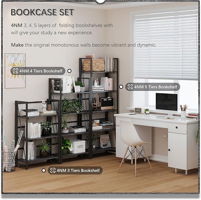 4NM No-Assembly Folding Bookshelf Storage Shelves 5 Tiers Vintage Bookcase Standing Racks Study Organizer Home Office (Gray)