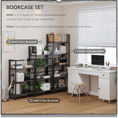 4NM No-Assembly Folding Bookshelf Storage Shelves 5 Tiers Vintage Bookcase Standing Racks Study Organizer Home Office (Gray)