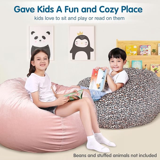 Lukeight Stuffed Animal Storage Bean Bag Chair Cover for Kids, Zipper Beanbag Chair Cover for Organizing Toddler & Kids' Rooms Plush Toys (Leopard Velvet, X-Large)