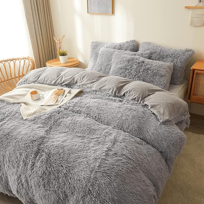 FOPPA Gray fluffy Comforter Cover Set king- Ultra Soft fluffy gray Bedding Sets 3 Pieces (1 Duvet Cover + 2 Pillow case) pink fluffy bed set (Gray, King)