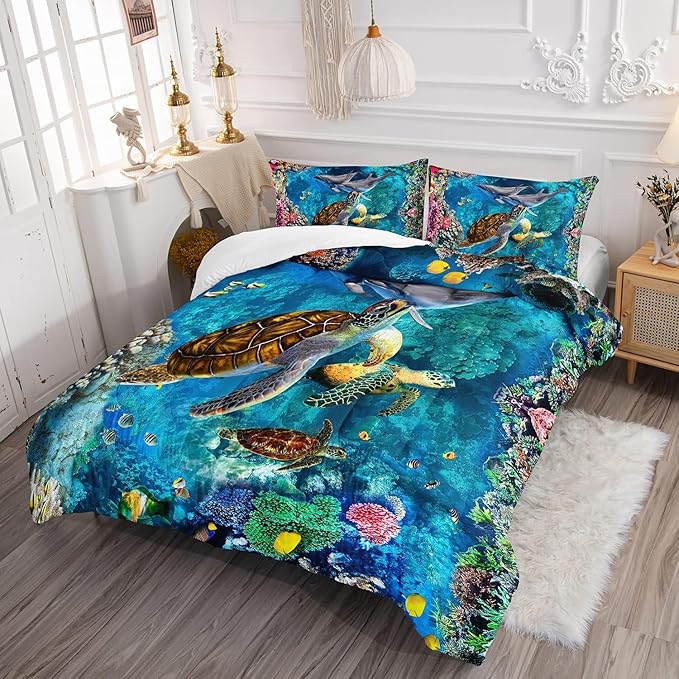 CVHOUSE Sea Turtle Comforter Sets King for Ocean Lovers,Turtle Beach Bedding Sets King Set,Turtle Bedspread,Turtle Duvet,Turtle Bed Set,Turtle Quilt Set 3 Pcs 1 Comforter and 2 Pillowcases