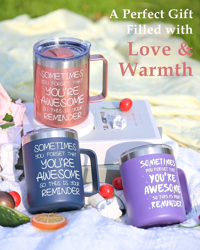 Inspirational Coffee Mug for Men, 12oz Insulated Stainless Steel Mug with Handle & 2 Lids – Sometimes You Forget You’re Awesome, Birthday & Appreciation Gift for Dad, Husband, Him, Navy Blue