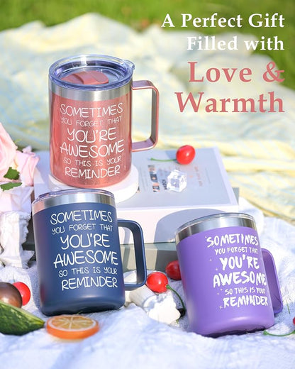 Inspirational Coffee Mug for Men, 12oz Insulated Stainless Steel Mug with Handle & 2 Lids – Sometimes You Forget You’re Awesome, Birthday & Appreciation Gift for Dad, Husband, Him, Navy Blue