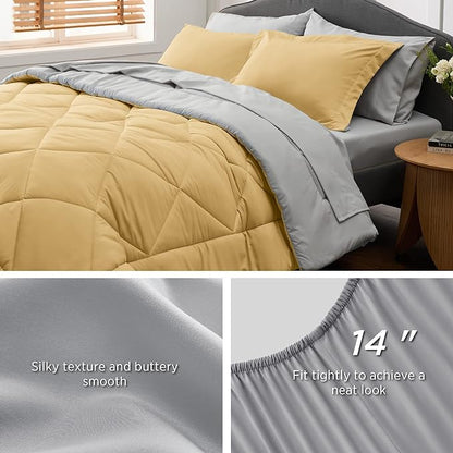 Bedsure Yellow Queen Comforter Set - 7 Pieces Reversible Queen Bed in a Bag Queen Bed Set with Comforters, Sheets, Pillowcases & Shams, Queen Bedding Sets