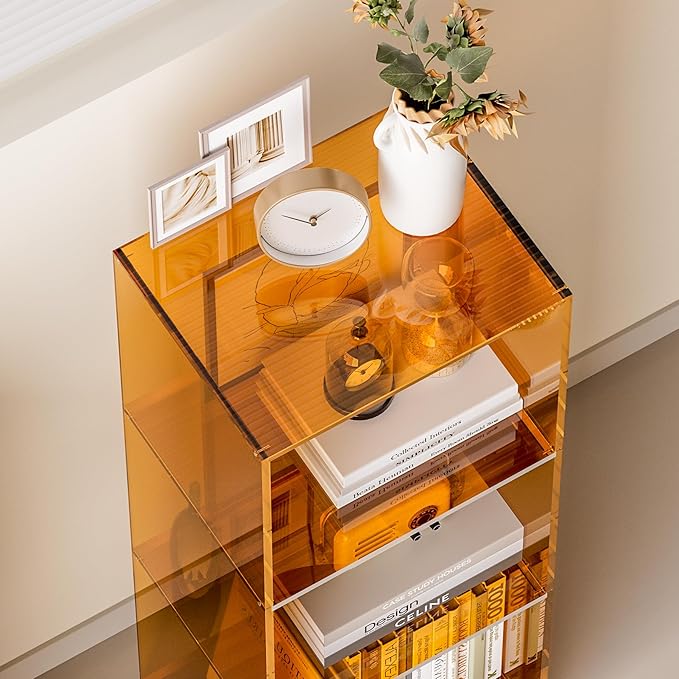 Acrylic Bookcase, 3 Tier Clear Floor Standing Bookshelf, 31.5 inch Tall Display Cube Storage Shelf Home Decor Furniture for Home, Office, Living Room, Bedroom - Transparent Orange
