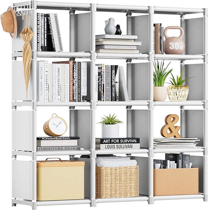 Mavivegue Book Shelf, 12 Cube Storage Organizer, DIY Bookcase, Metal Cube Bookshelf,Tall Book case for Bedroom, Living Room,Office,Closet Storage Organizer, White Cubicle Storage Rack