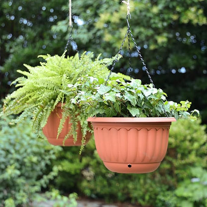 YIKUSH Hanging Planter for Indoor and Outdoor Plants 2 Pack 12 inch Flower Pot Plastic Plant Pot with Drainage Hole and Absorbing Tray（Terracotta）