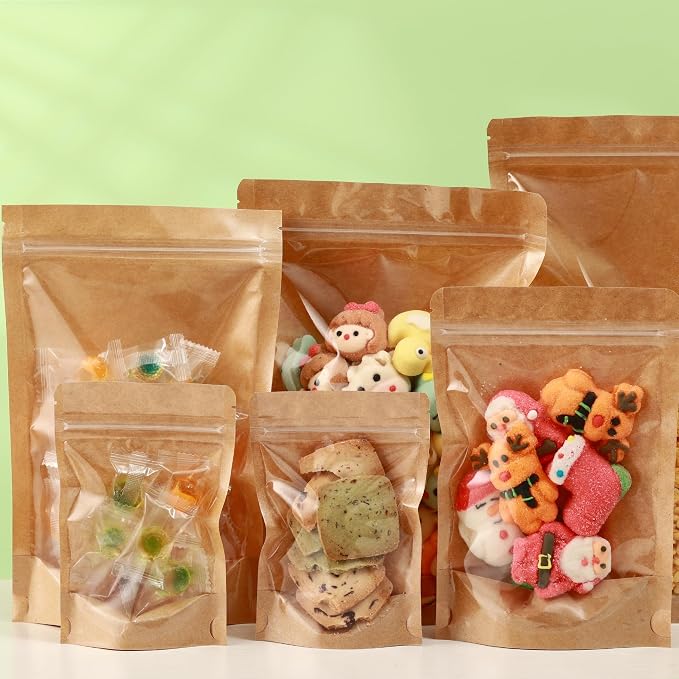200 Pack Kraft Paper Bags with Clear Window 5x8 Reclosable Small Stand Up Mylar Bags for Food Storage Resealable Smell Proof Pouch, Edible Packaging, Reusable bags for Small Business