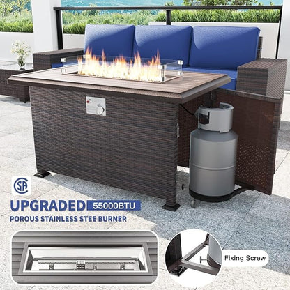 Kullavik 10PCS Outdoor Patio Furniture Set,PE Wicker Rattan Sectional Sofa Patio Conversation Sets with 43" 55000BTU Gas Propane Fire Pit Table,Swivel Rocking Chairs Set,Dark Blue
