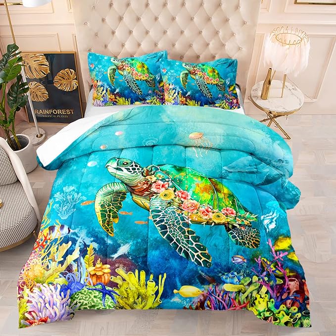 Kids Turtle Rose Comforter Set Full Beach Theme Jellyfish Starfish Bedding Set Sea Animal Reptile Bed Set with 2 Pillowcases for Boys Girls Room Decor