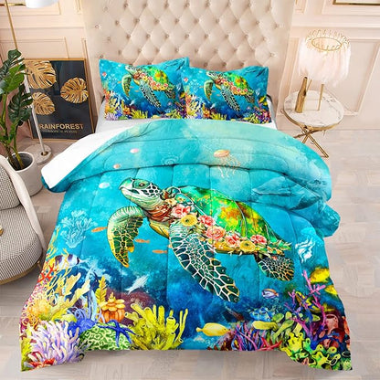 Kids Turtle Rose Comforter Set Full Beach Theme Jellyfish Starfish Bedding Set Sea Animal Reptile Bed Set with 2 Pillowcases for Boys Girls Room Decor