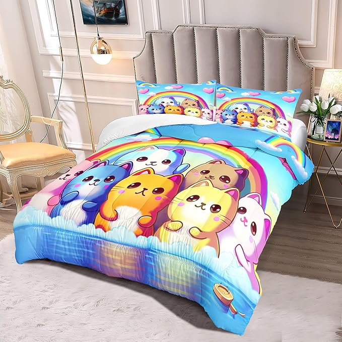 Rainbow Cat Comforter Queen Size - Rainbow Cat Bedding for Girls Room Cute Cartoon Rainbow Bedding Queen Comforter Sets for Kids, 1 Comforter+2 Pillowcases