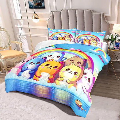 Rainbow Cat Comforter Full Size - Rainbow Cat Bedding for Girls Room Cute Cartoon Rainbow Bedding Full Comforter Sets for Kids, 1 Comforter+2 Pillowcases