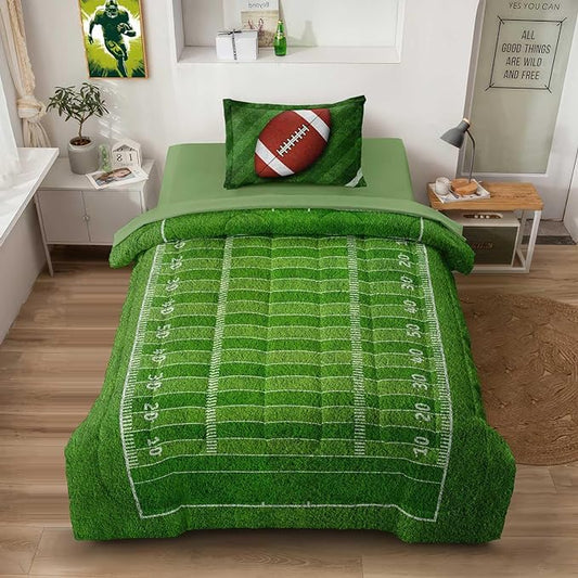 Football Comforter Set Twin Size for Teen Boys, Kids Football Field Bedding Green Themed Bedroom Set with Sheets, Twin Bed in a Bag Set