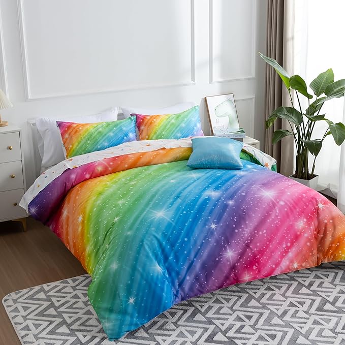 Btargot Super Soft 6 Pieces Gradient Star Ring Comforter Set, Colorful Glitter Rainbow Star Pattern Bedding Set for Boys Girls Teens,Queen Multicolor