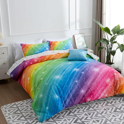 Btargot Super Soft 6 Pieces Gradient Star Ring Comforter Set, Colorful Glitter Rainbow Star Pattern Bedding Set for Boys Girls Teens,Queen Multicolor