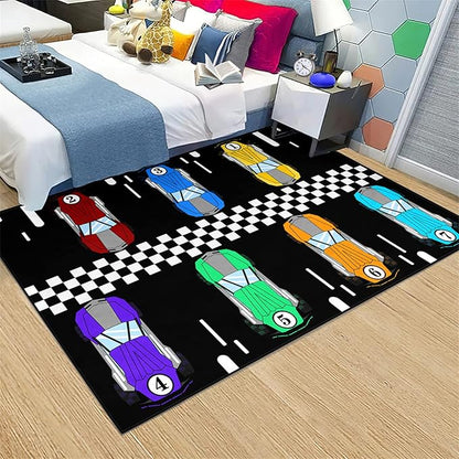 Race Car Area Rug, 47 x 31 in, Low Pile, Handmade, for Boys Room Decor, Black
