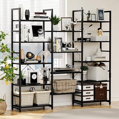 NUMENN Triple Wide 5 Tier Bookshelf, Rustic Industrial Style Bookcases and Bookshelves with 14 Open Display Shelves, Modern Tall Bookcase Furniture for Bedroom, Living Room and Home Office, Black