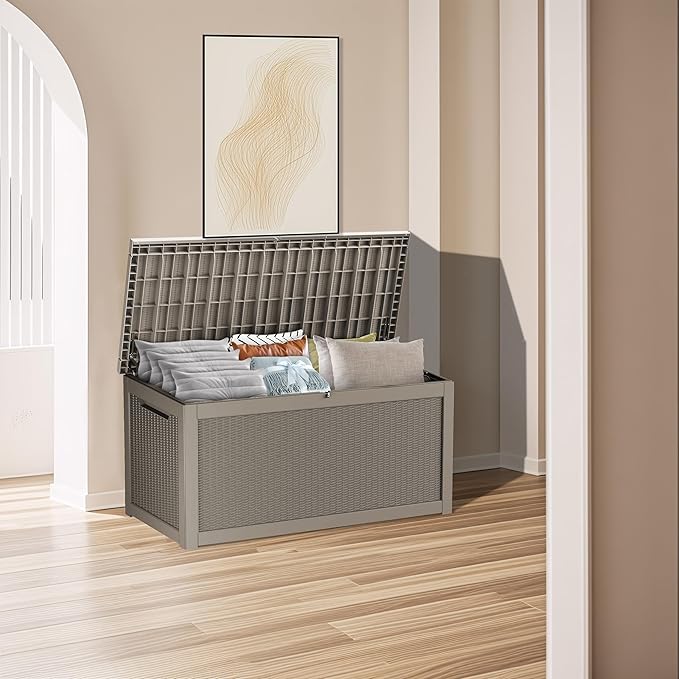 320 Gallon Lockable Resin Deck Box, Waterproof & UV-Resistant Outdoor Storage Box for Outdoor Cushion Storage, Garden Tools & Pool Accessories Storage, Gray