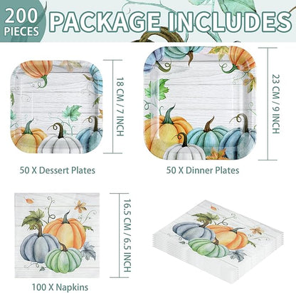 Grencian 200Pcs Fall Plates and Napkins Square Blue Pumpkins Plate Thanksgiving Paper Plates Pumpkin Wood Grain Dinnerware for Baby Shower Fall Harvest Family Thanksgiving Party Decorations, Serves 50