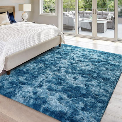 5x8 Large Area Rugs for Living Room, Super Soft Fluffy Modern Bedroom Rug, Tie-Dyed Dark Blue Indoor Shag Fuzzy Carpets for Girls Kids Nursery Room Home Decor