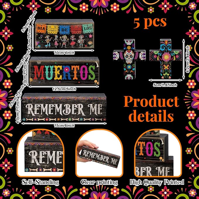 Moucuny 4 Pcs Day of the Dead Table Decorations Day of the Dead Cross Centerpiece for Table Dia De Los Muertos Tiered Tray Decor Wood Sugar Skull Block Signs for Halloween Party Home Shelf Decoration