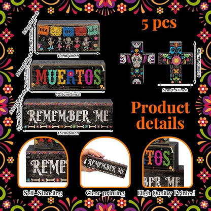 Moucuny 4 Pcs Day of the Dead Table Decorations Day of the Dead Cross Centerpiece for Table Dia De Los Muertos Tiered Tray Decor Wood Sugar Skull Block Signs for Halloween Party Home Shelf Decoration