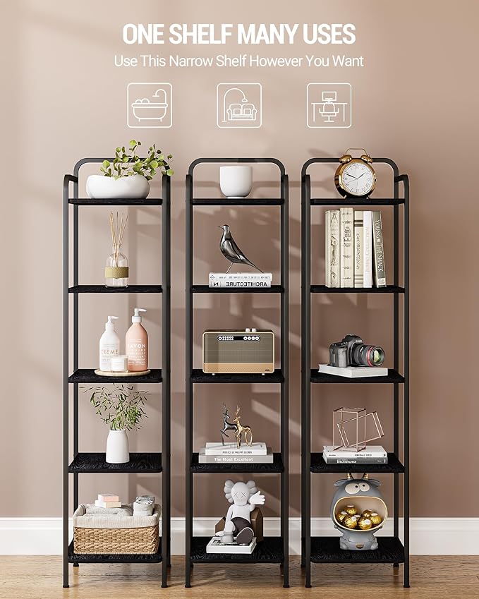 Bookcase Bookshelf, Narrow Book Shelf, Industrial Coner Shelf Storage Organizer, Slim Shelving Unit for Home Office, Living Room, Bedroom, Kitchen, 5-Tier Black BC24504B