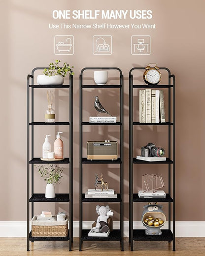 Bookcase Bookshelf, Narrow Book Shelf, Industrial Coner Shelf Storage Organizer, Slim Shelving Unit for Home Office, Living Room, Bedroom, Kitchen, 5-Tier Black BC24504B