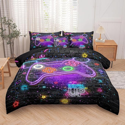 NINENINE Gaming Comforter Gamer Bedding Sets for Boys,6PCS Full Size Bedding Sets for Boys,Bed in A Bag Gamer Comforter Sets(1Comforter,1Flat Sheet,1Fitted Sheet,1Cushion Cover,2Pillowcases)…