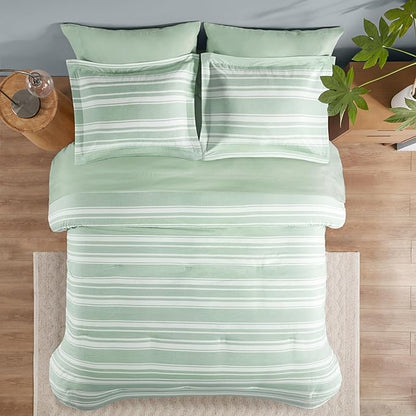 Codi Bed in a Bag Twin Size Complete Set, Sage Green White Striped Single Comforter Set 5 Piece for Teen, Modern Neutral Cationic Dyeing Bed Sets with Comforter, Sheets, Pillowcases & Shams