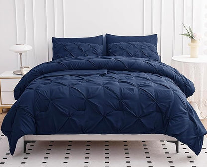 LANE LINEN Twin XL Comforter Set, 5 Piece Twin XL Bedding, Pintuck Twin XL Bed in a Bag, Twin XL Bedding Comforter Sets, Twin XL Bed Comforter Set with Sheets, Pillowcase & Sham, Bed Set - Navy Blue
