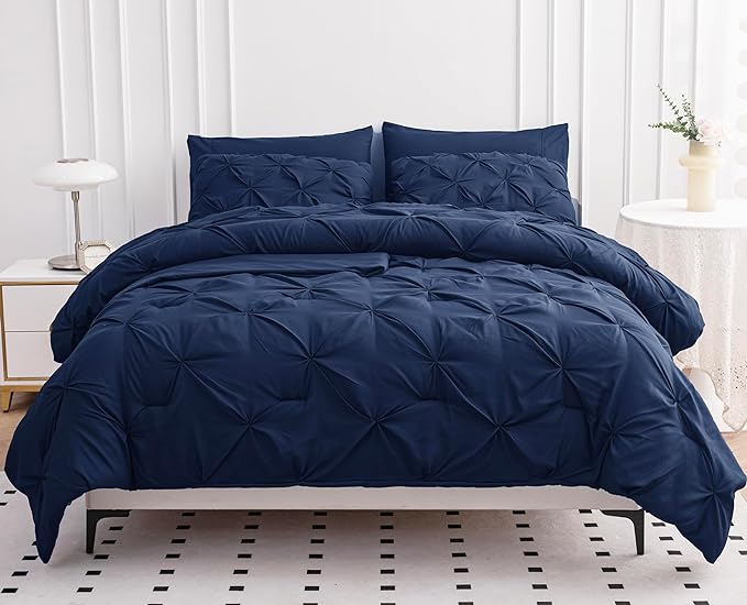 LANE LINEN California King Comforter Set, 7 Piece Cal King Bed in a Bag, Pintuck Cal King Bedding Set, Soft Cali King Bed Set, Cal King Bed Comforter Sets with Sheets, Pillowcases & Shams - Navy Blue