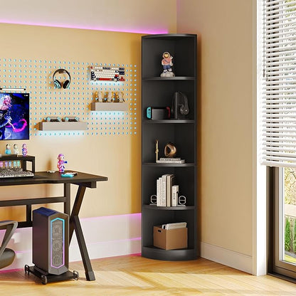 YITAHOME 5-Tier Corner Shelf, 70.8" Tall Modern Free Standing Corner Bookshelf, 5 Shelf Display Corner Bookcase and Bookshelves,Wooden Open Storage Book Shelves for Living Room, Home Office, Black