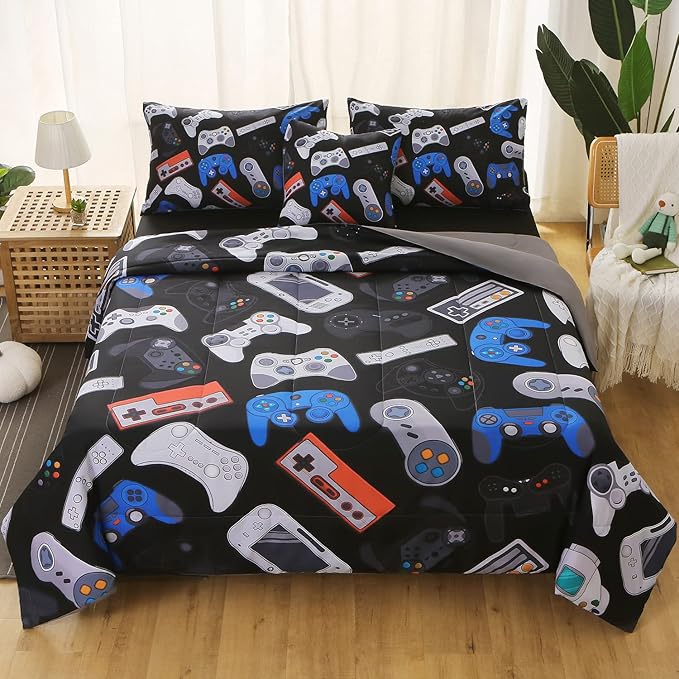 JQinHome Queen Gamer Comforter Set for Boys,6 Piece Bed in A Bag 3D Video Game Bedding -All Season Soft Microfiber Down Alternative Comforter Gamer Bedding Sets for Kids(Gamepad Collection)