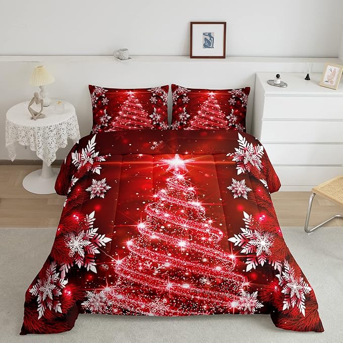 Feelyou Christmas Tree Comforter Set for Kids Boys Girls King Size Luxury Chic Xmas Bedding Set Glitter Snowflake Star Comforter Red Duvet Set Christmas Room Decor Quilt Boys
